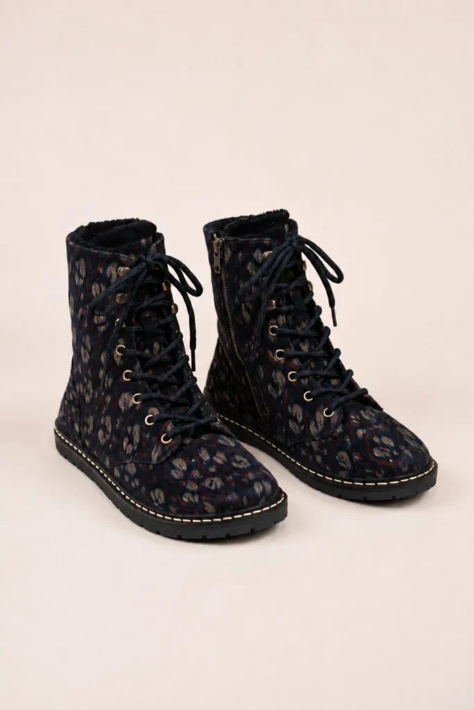 Bota barefoot BOHEME en terciopelo de algodón con estampado floral sobre fondo negro