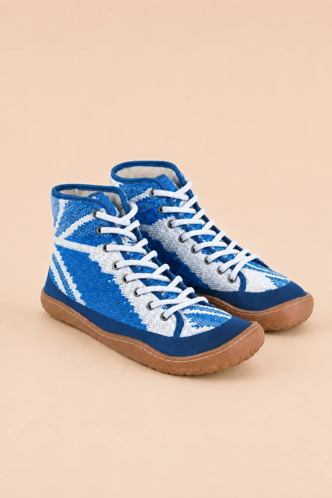 Par de botines ENTROPÍA de perfil, en tejido azul y crudo